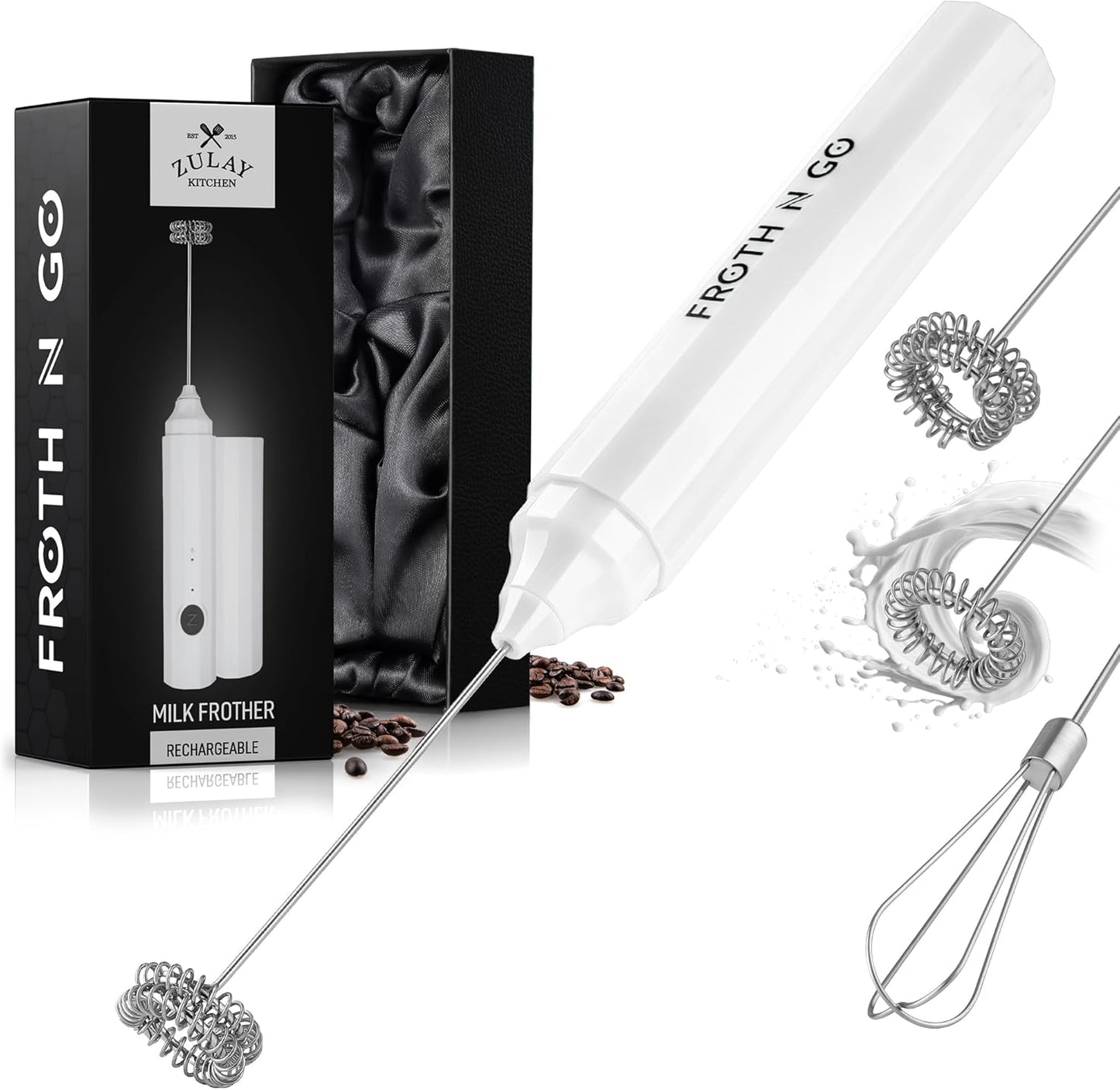 Zulay Kitchen FrothMate Powerful Milk Frother Portable & Compact Handheld Foam Maker Lattes, Cappuccinos (Blizzard White, Froth N Go)