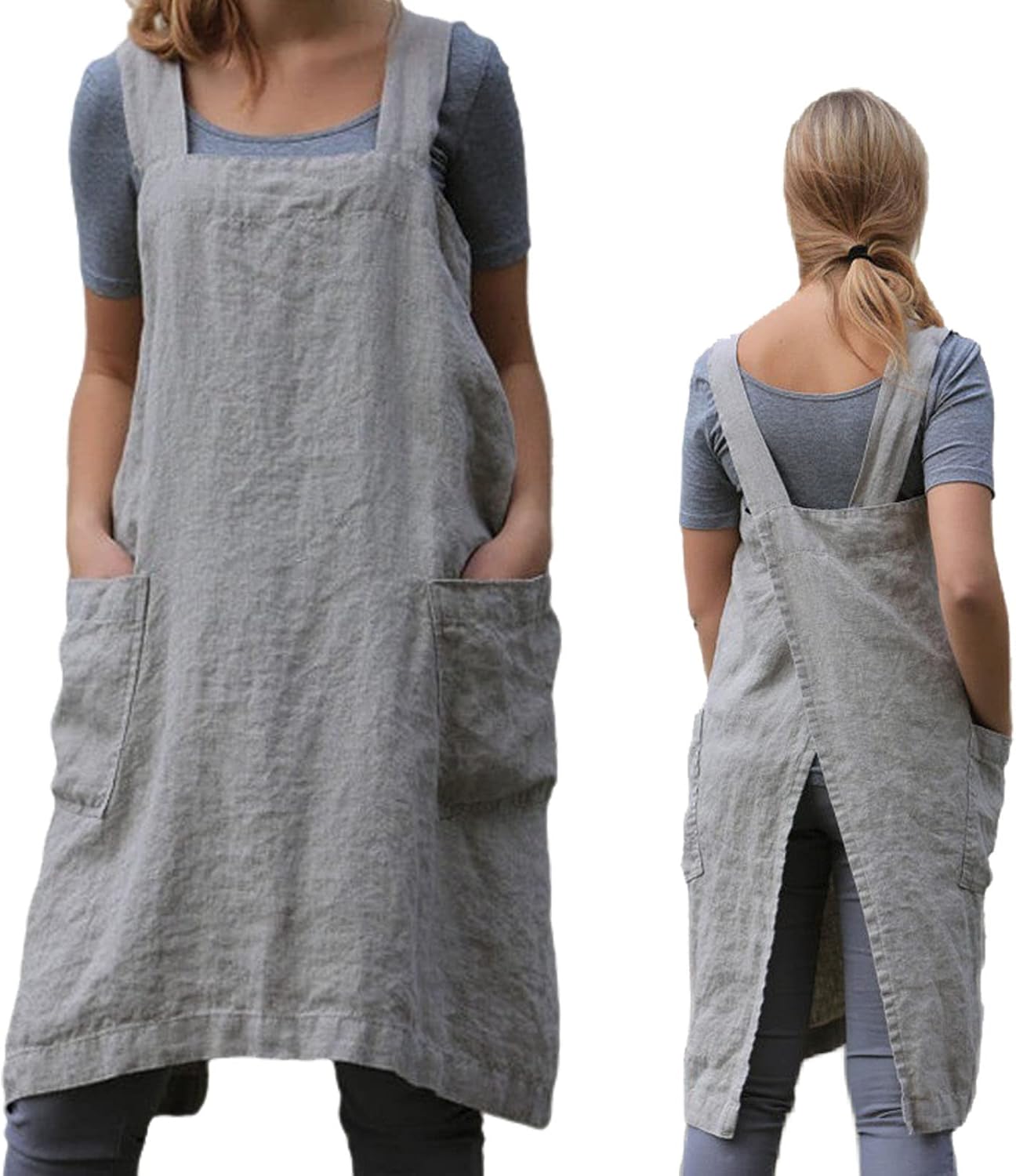 ZQFFB Pinafore Cross Back Apron for Women with Pockets Japanese Smock for Work Gardening Cooking Painting Baking