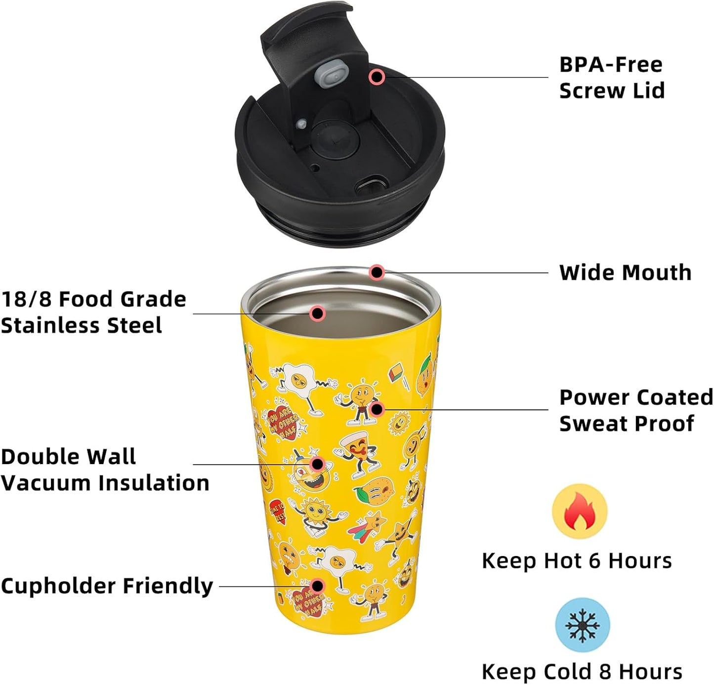 BJPKPK 18oz Insulated Tumbler With lid And Straw Stainless Steel Tumblers Travel Coffee Mug Reusable Thermal Cup,Hawaii Fruits Yellow