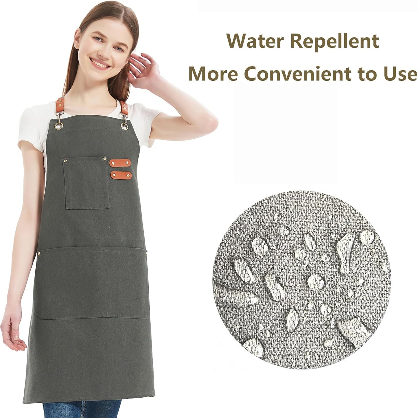 AFUN Chef Aprons for Women Men with Large Pockets, Cotton Canvas Cross Back Water Repellent Work Apron, Size M to XXL (Grey)