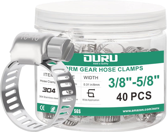 40PCS Hose Clamps Stainless Steel Adjustable 3/8"– 5/8"(10-16mm) Worm Gear Hose Clamp, Heavy Duty Metal Small Hose Clamps for Automotive, Pipe, Radiator Plumbing, Fuel Line