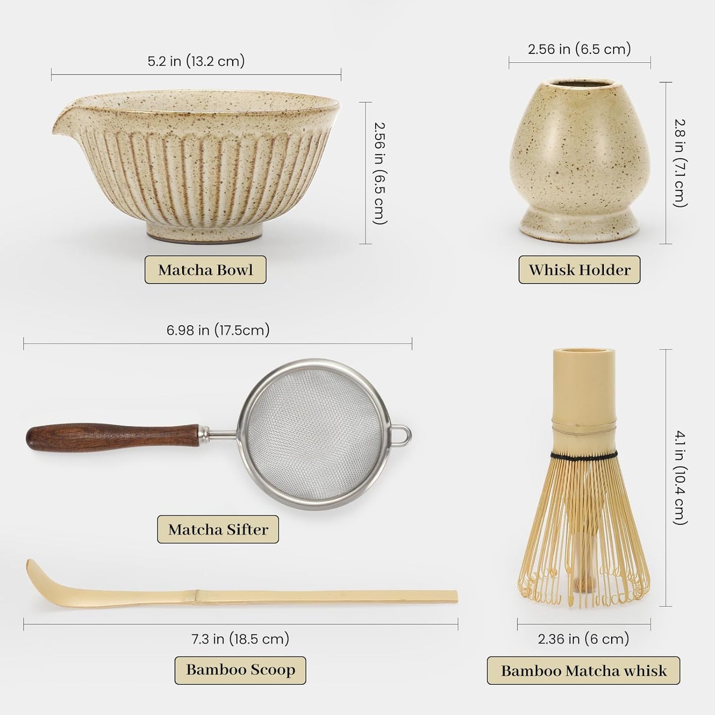 Matcha Set - Match Bowl with Spout and Whisk, 11 OZ, Scoop, Whisk and Holder, Sifter - 5pc Perfect Matcha Kit for Tea Ceremony (Mottled vintage)