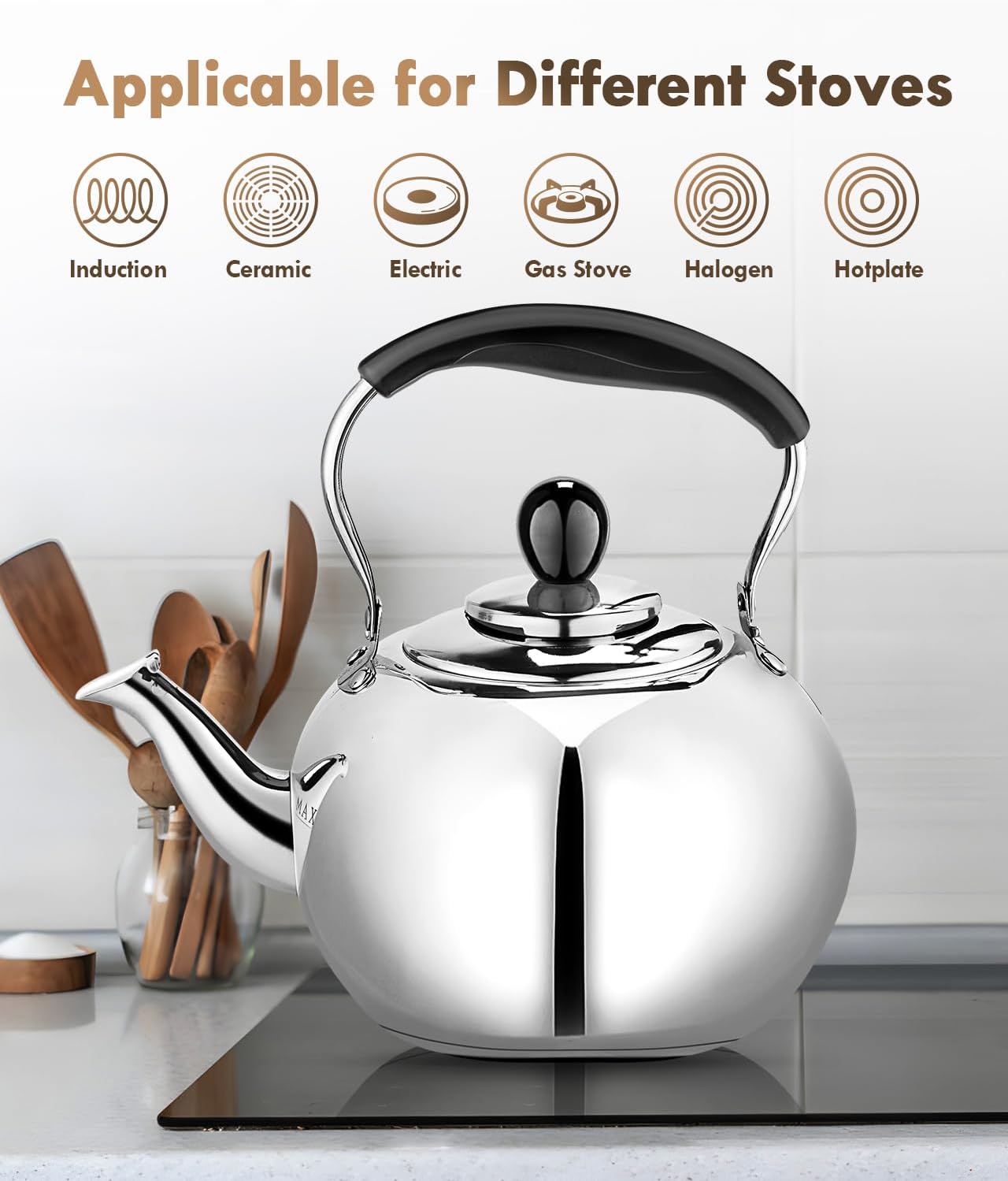 Whistling Tea Kettle Stovetop - 2.3 Quart Round Tea Pot for Stovetop, Silver Mirror Polished Classic Stovetop Kettle, Food Grade Material Teapot for Stove Top