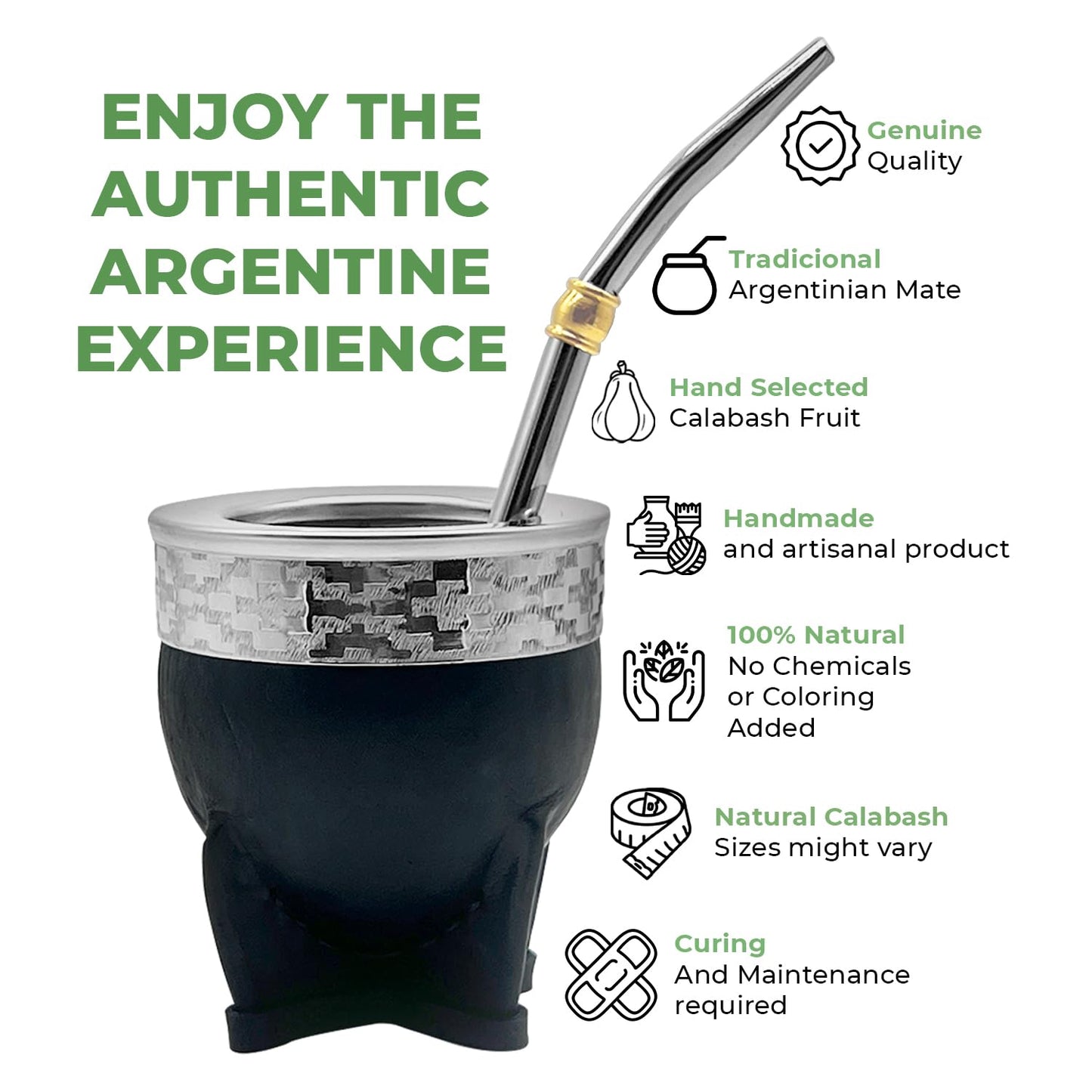 Premium Argentina-Uruguay Yerba Mate Cup and Bombilla Set, Organic Gourd Tea Mug with Steel Straw (Bombilla) and Cleaning Brush, Handcrafted for Loose Leaf Yerba Mate Tea - Imperial Version