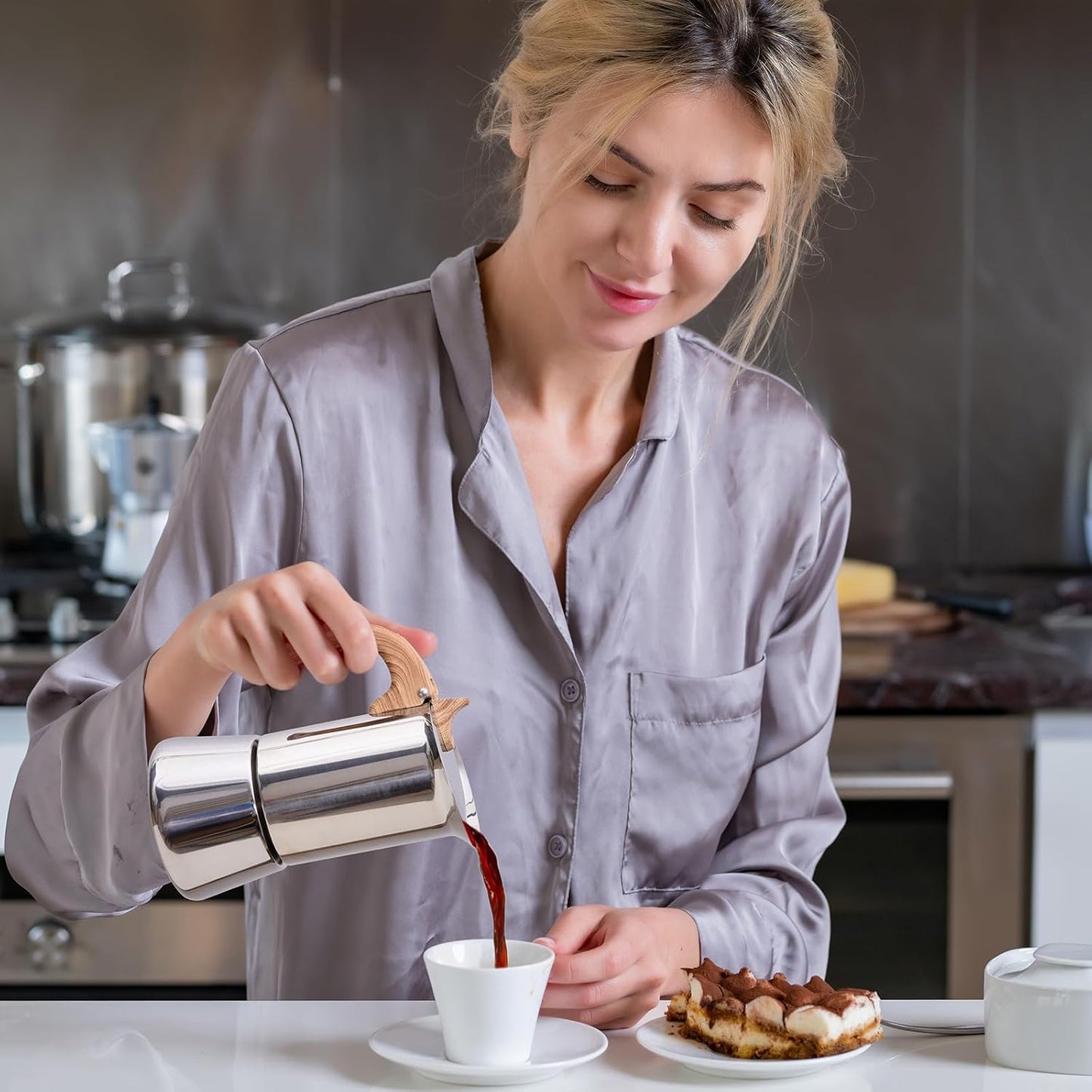 Induction Moka Pot, Stainless Steel, Stovetop Espresso Coffee Maker, 4 Cup/200ml/7.0oz, Easy to Use and Clean, Camping Home Use | for Mocha Cappuccinos, Lattes