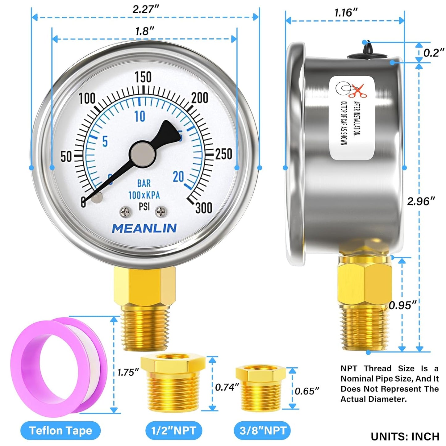 MEANLIN MEASURE 0~300Psi Dry Pressure Gauge Stainless Steel 1/4" NPT 2" FACE DIAL Waterproof for Air Compressor Air Regulator Water Filter Lower Mount, with 1/2" NPT and 3/8" NPT Hex Bushing