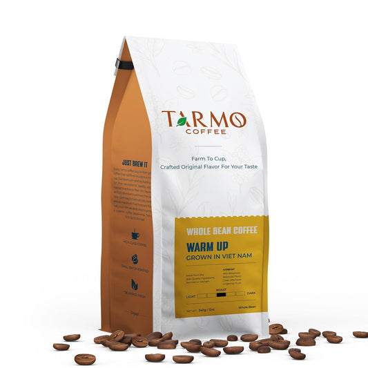 TARMO - WARM UP | Low Acid 100% ROBUSTA Whole Bean Coffee | Specialty Vietnamese Coffee | Single Origin Medium Roast Coffee Beans | 12 Oz Bag