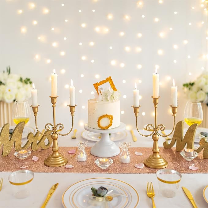 Sziqiqi Gold Taper Candle Holder for Centerpiece - 3-stem Candlesticks Holder for Wedding Table Centerpieces Metal Candle Stick Holders for Fireplace Mantle 2pcs