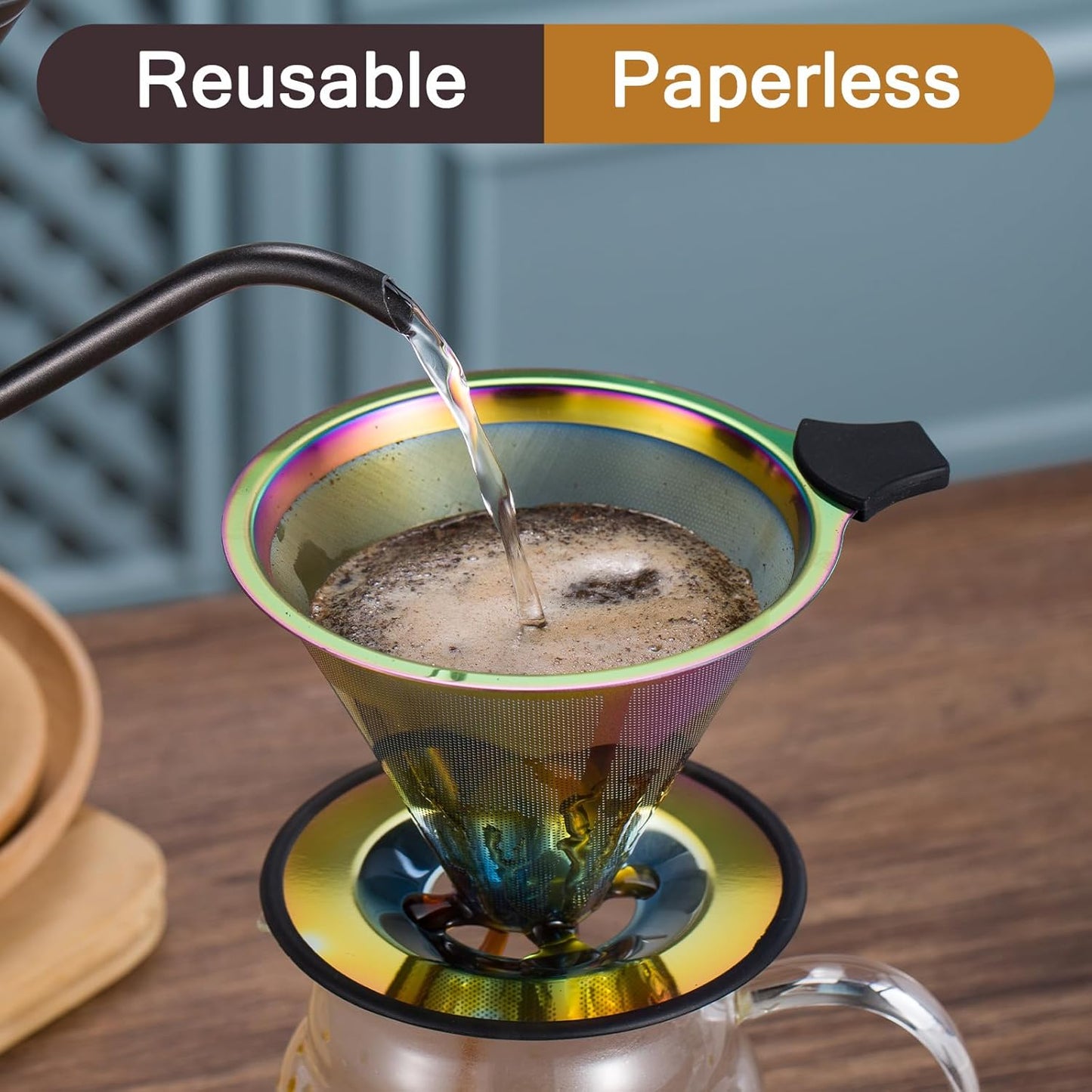 Pour Over Coffee Dripper INSINTAR Reusable Stainless Steel Coffee Filter Paperless Metal Coffee Strainer Single Cup Coffee Maker 1-4 Cup for Camping,Travel,Office and Home(Titanium Iridescent)