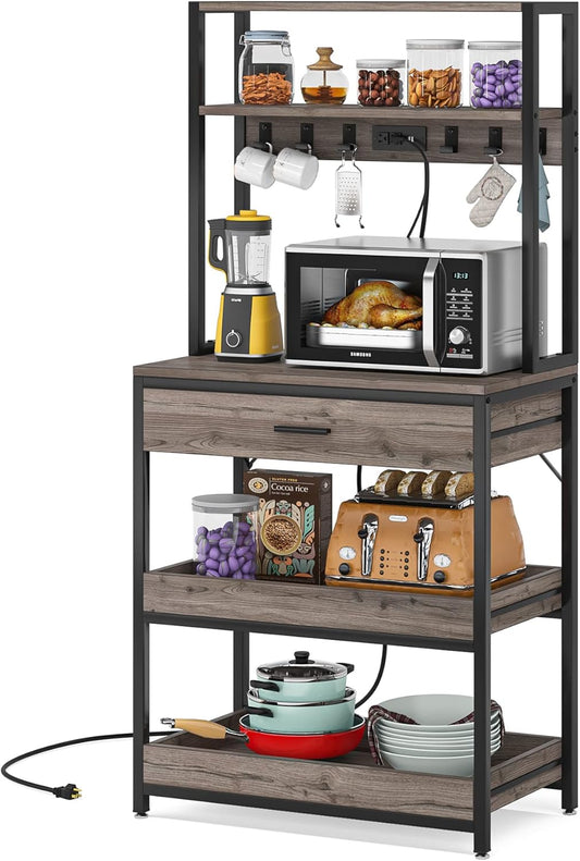 LITTLE TREE Kitchen Baker’s Rack with Power Outlets, Freestanding 5-Tier Microwave Stand with Drawers & Sliding Shelves, Coffee Bar with 6 Hooks for Dining Room Living Room, Grey & Black