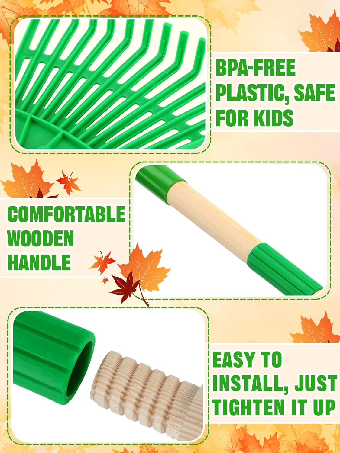 Acostop 2 Pcs Kids Rakes with Wood Handle - 34" Lightweight Plastic Garden Rake for Leaves, Safe to Use Kid Yard Tools for Boys Girls Fall Gardening Gifts (Green)