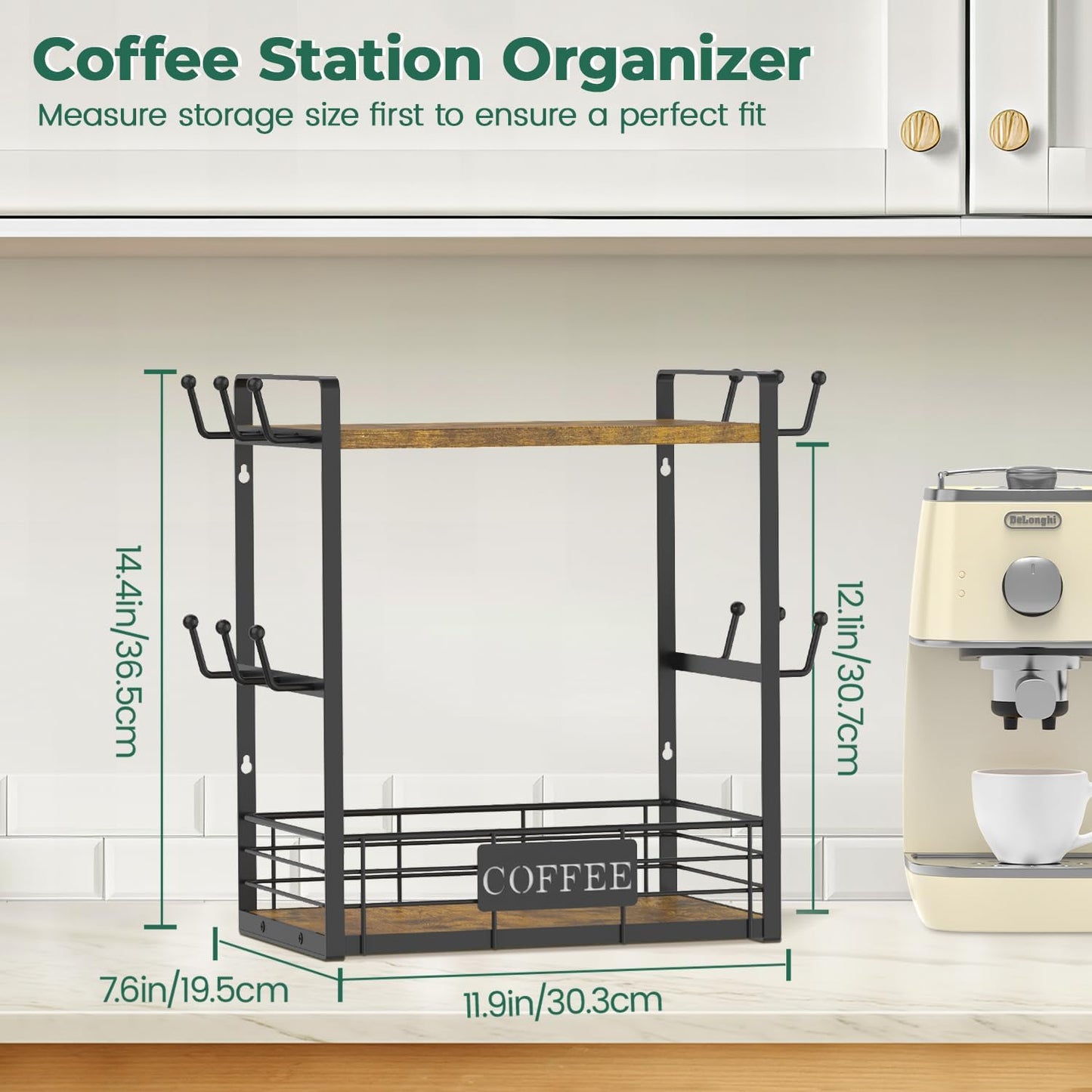 EsLuker.ly Coffee Mug Cup Holder Tree Bar Station Organizer, 2 Tier Mug Stand Rack for Countertop Kitchen, Storage Tower Display Shelf with 12 Hooks, Coffee Nook Enhancer, Vintage Brown Black