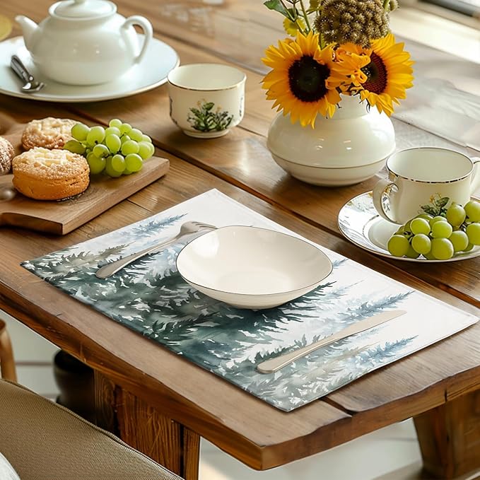 Watercolor Dark Green Tree Table Mats Set of 4 Rustic Nature Forest Pine Tree Placemats Seasonal Winter Holiday Place Mat Farmhouse Washable Linen Placemat for Dining Table Kitchen Christmas Decor