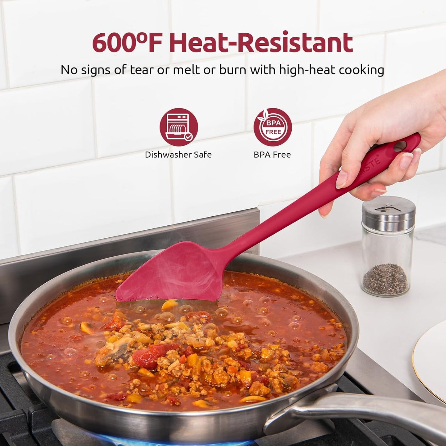 U-Taste Silicone Spatula Set with 600 Degrees Fahrenheit Heat Resistant (Red)