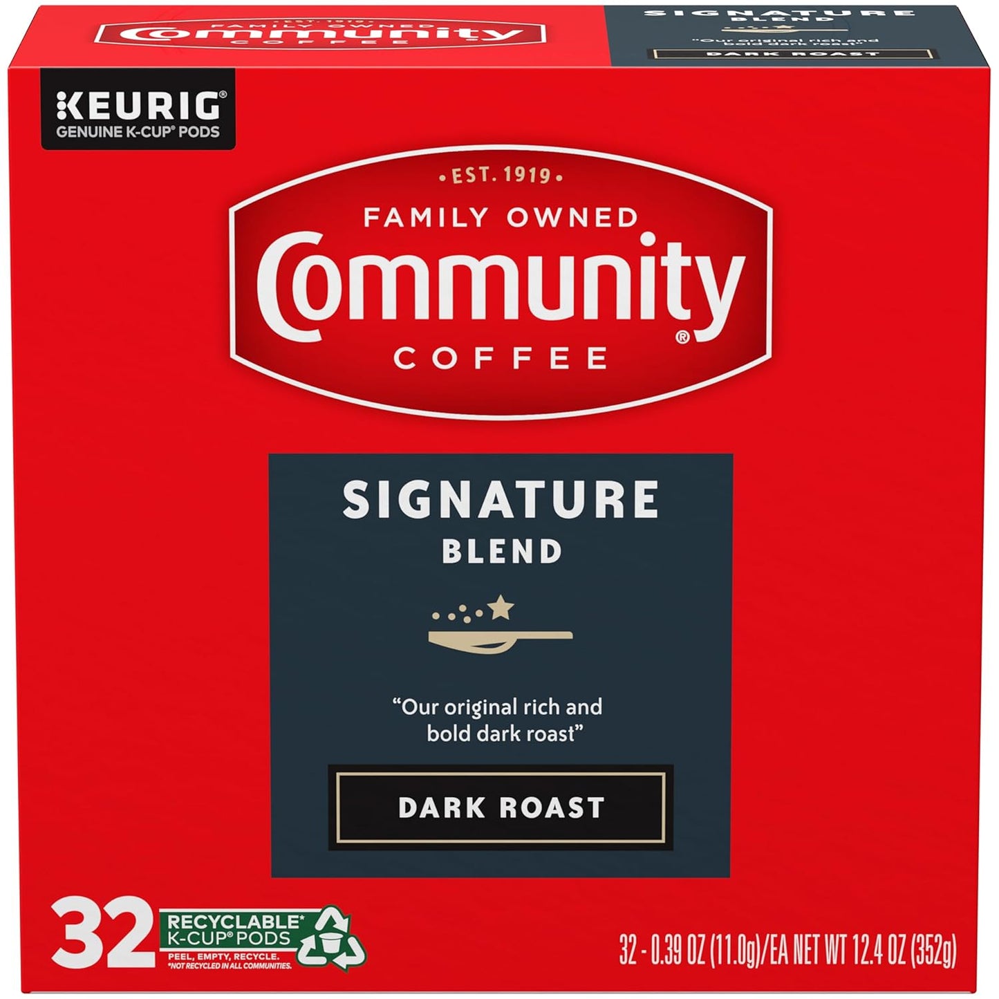Community Coffee Signature Blend, Dark Roast, Single-Serve Keurig K-Cup Pods, 32 Count (Pack of 4)