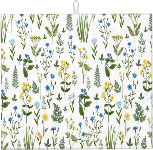Blue Yellow Wildflower Dish Drying Mats for Kitchen Counter, Vintage Botanic Fern Leaves Floral Kitchen Drainer Pad, Absorbent Microfiber Reusable Washable Dish Draining Mats, Home Decor, 16 x 18 inch