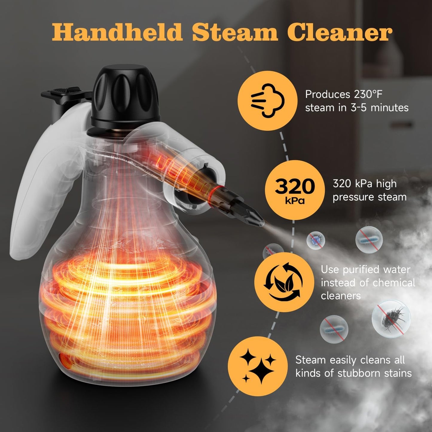 Steam Cleaner, Handheld Steam Cleaner, Steam Cleaner for Home with 16 Accessories and Automatic Steam Switch, Steamer for Cleaning Home, Living Room, Kitchen, Bathroom, Car (White)