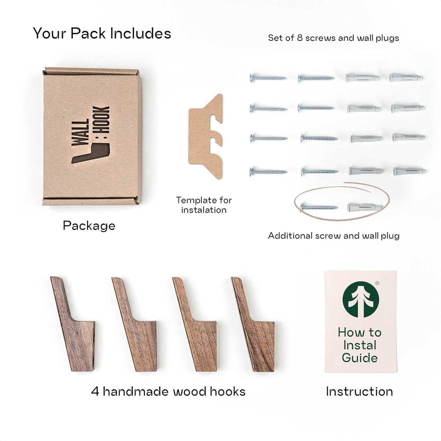 Wall Hooks - Set of 4 - Dark Walnut or Light Ash Wood Coat Hooks for Hanging Hat, Purse, Backpack, Bag, Jacket. Modern Farmhouse Decor for Wall and Practical Entryway Hooks (Walnut Wood)