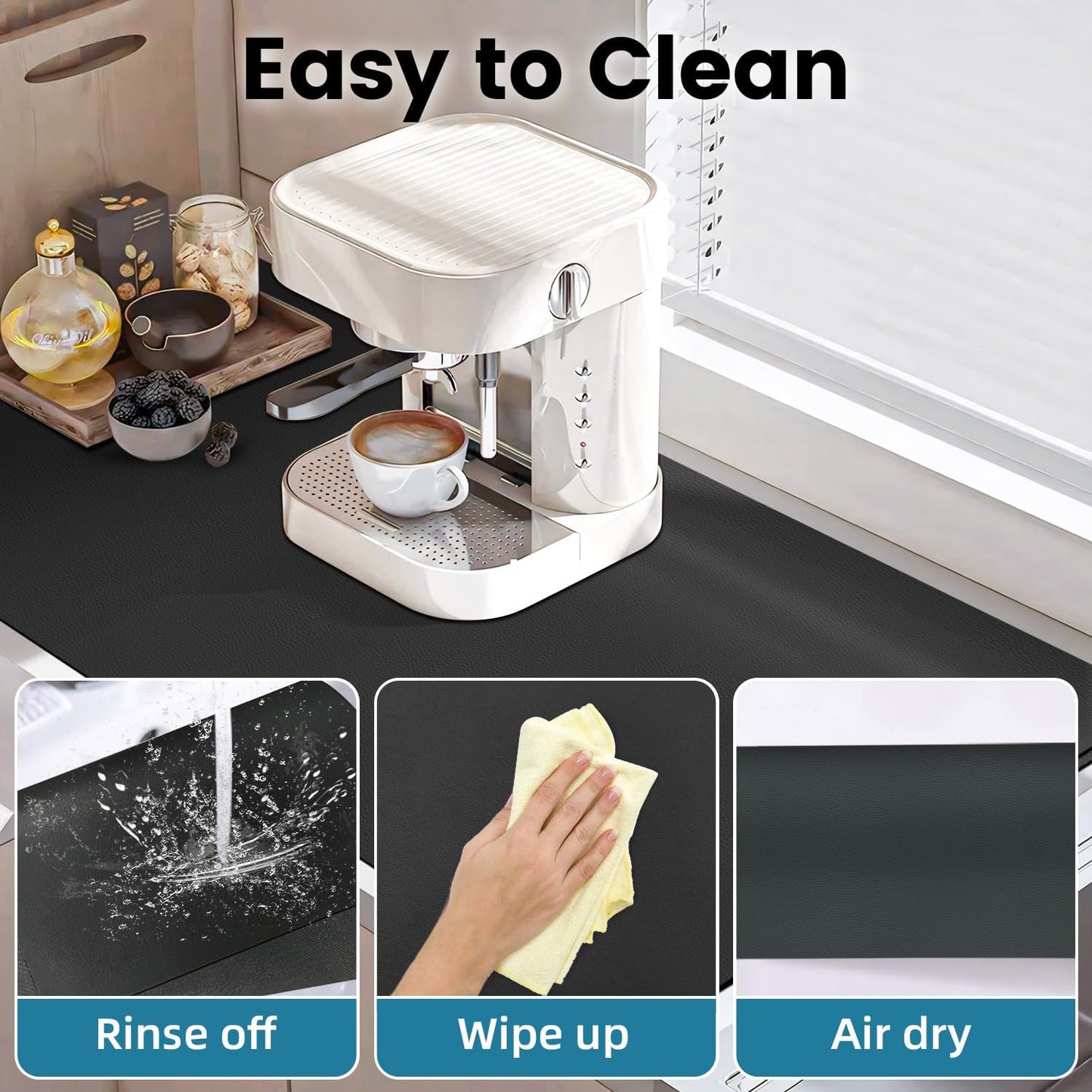 PoYang 31.5"x17" Coffee Mat X-Large, Coffee Bar Accessories for Countertop, Absorbent Dish Drying Mat, Anti-Slip and Hide Stain Pad for Espresso Machine, Espresso Maker and Kitchen Counter, Black