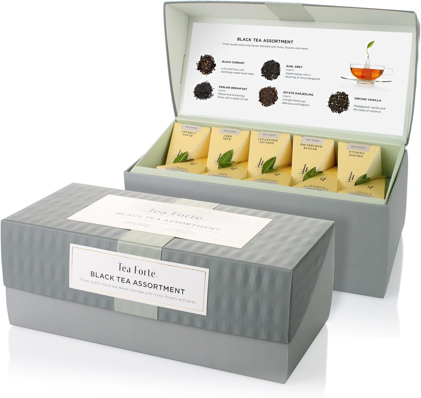 Tea Forte Assorted Black Tea Presentation Box Tea Gift Set Sampler, 20 Count, 2 of Each Variety Individually Wrapped Handcrafted Pyramid Infuser Bags