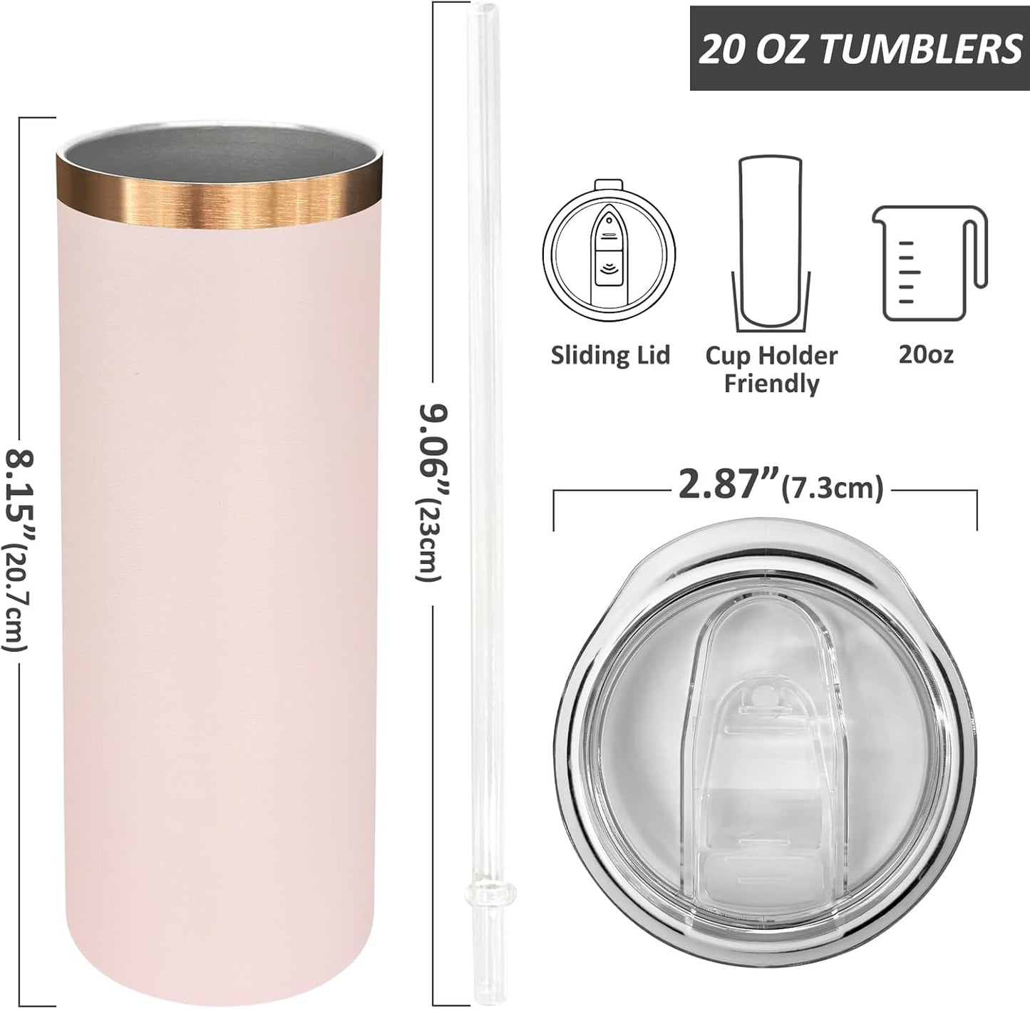 20 oz Skinny Tumblers Bulk 4 Pack, Stainless Steel Insulated Tumbler with Lids and Straws, Slim Double Wall Powder Coated Travel Coffee Mugs Reusable Cup for Hot Cold Drinks (Pink,4 pack)