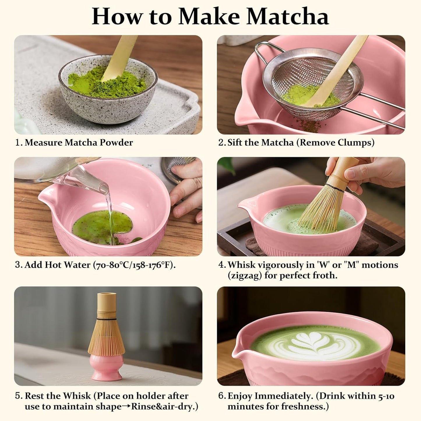 7PCs Matcha Whisk Set Traditional Japanese Matcha Kit with Ceramic Bowl Bamboo Chasen Tea Spoon Holder Sifter Tea Towel Ceremony Matcha Tea Making Tools Green Tea Set for Beginners