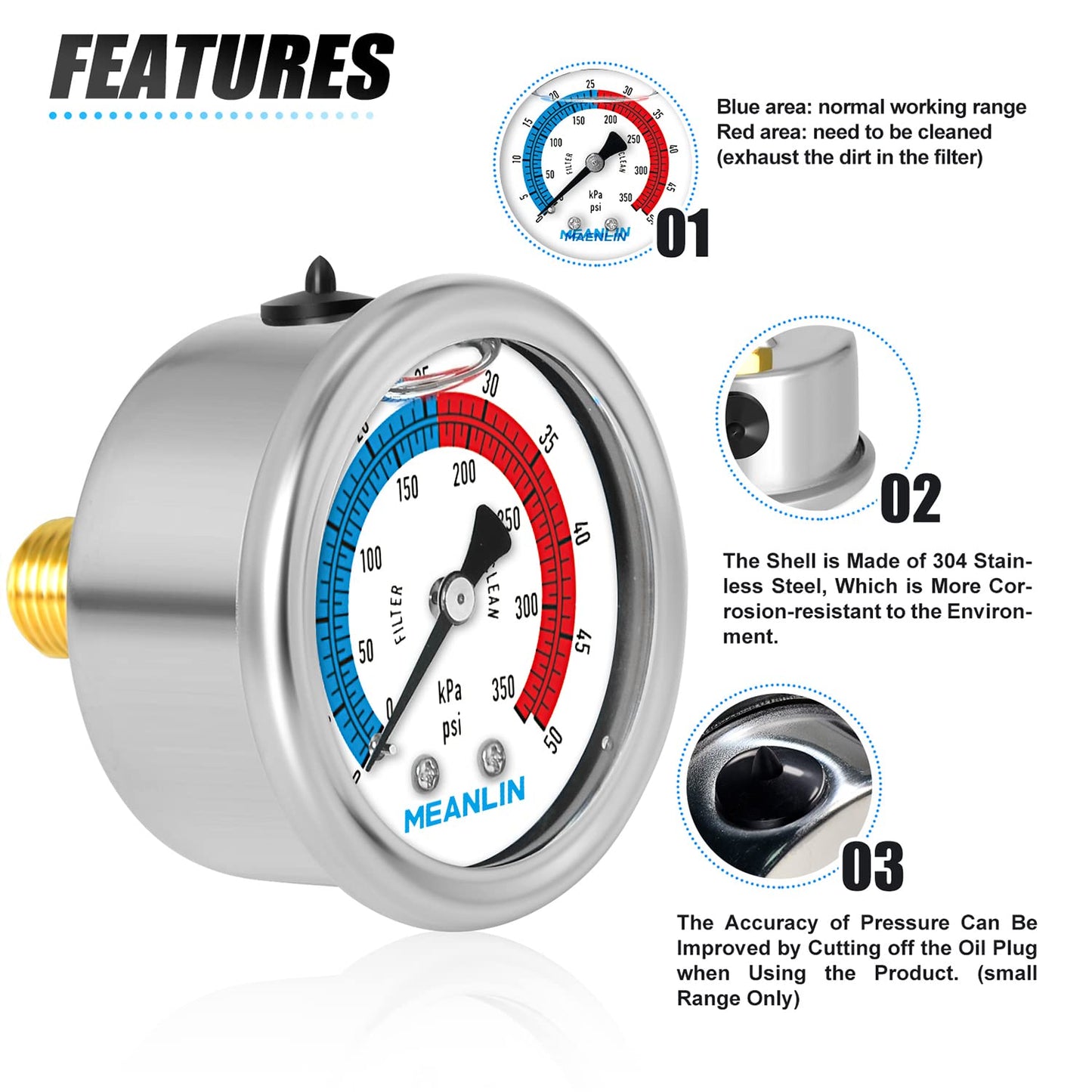 MEANLIN MEASURE 1/4" NPT 0-50psi Pressure Gauge, 2" Dial Glycerine Filled Pool Filter, 304 Stainless Steel Housing, Back Mount, with 1/2" NPT and 3/8" NPT Hex Bushing