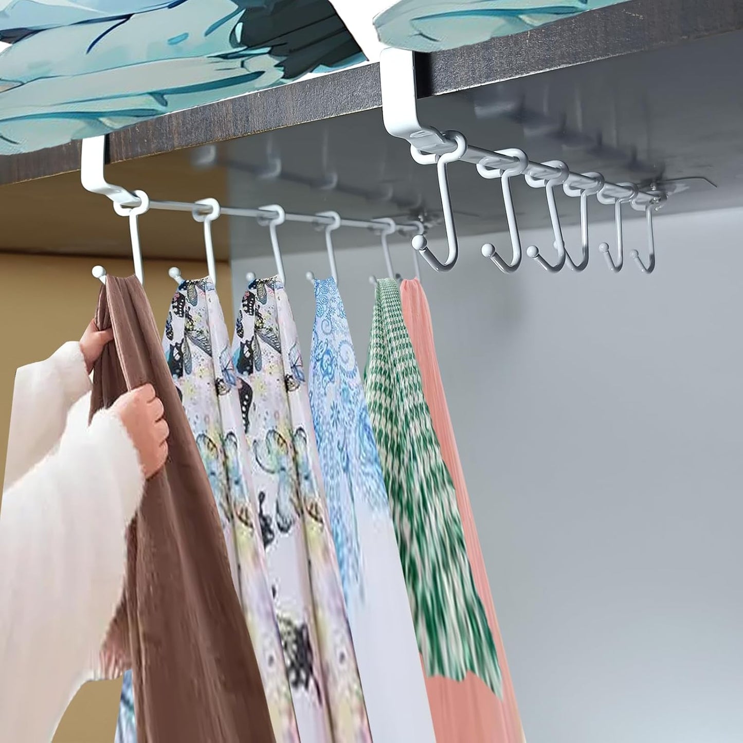 Adjustable Under Cabinet Coffee Mug Holder - Space-Saving Solution for Your Kitchen-Standard Cabinet Water Cup Organizer-2 Sets （12 Mobile Hooks-White）