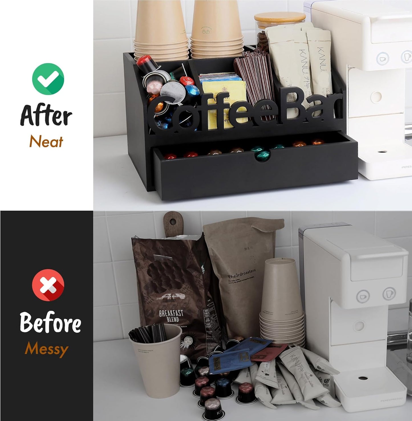 Coffee Bar Organizer for Countertop - Wooden Coffee Organizer Station, Coffee Station Organizer for Home & Office, K Cup Stand for Counter, Coffee and Tea Organizer - Black Drawer Type