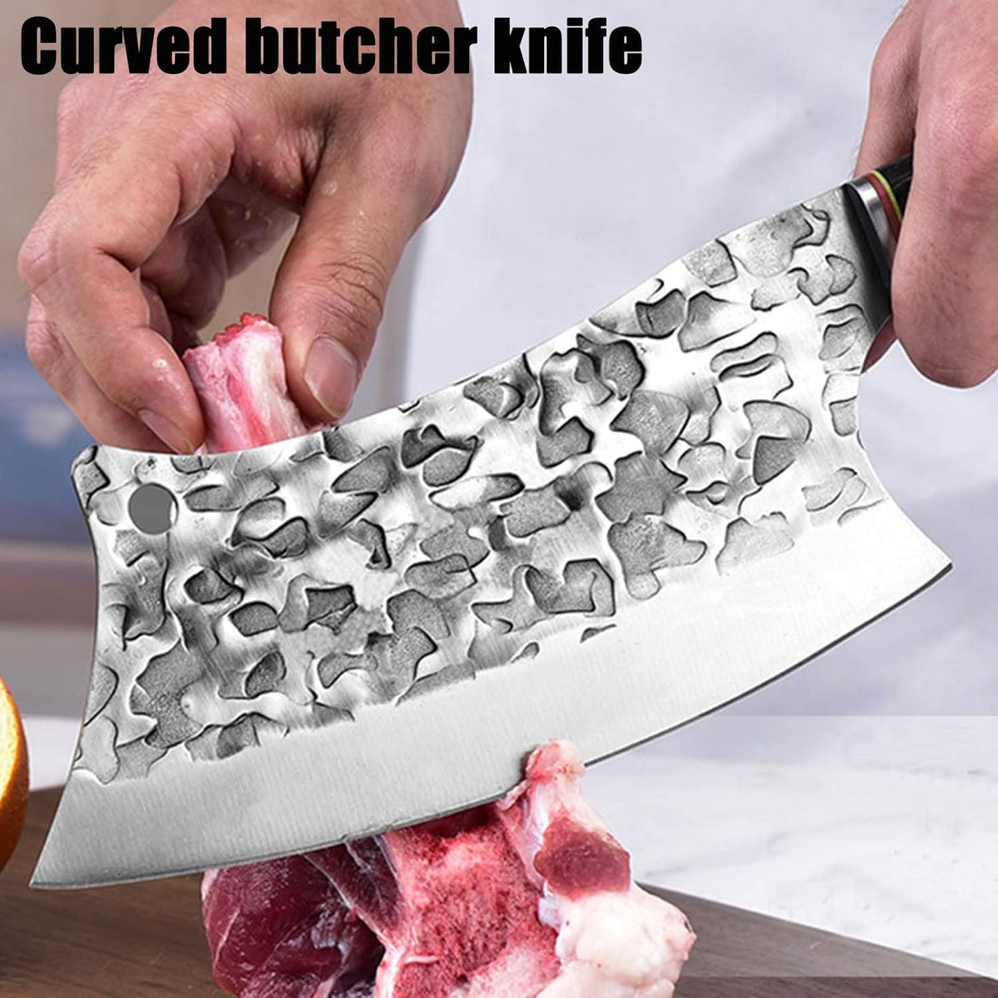BLADESMITH Butcher Knife 8“, Forged Meat Cleaver Kitchen Knives, Curved High Carbon Steel Blade, PakaWood Handle, for Slicing and Cutting