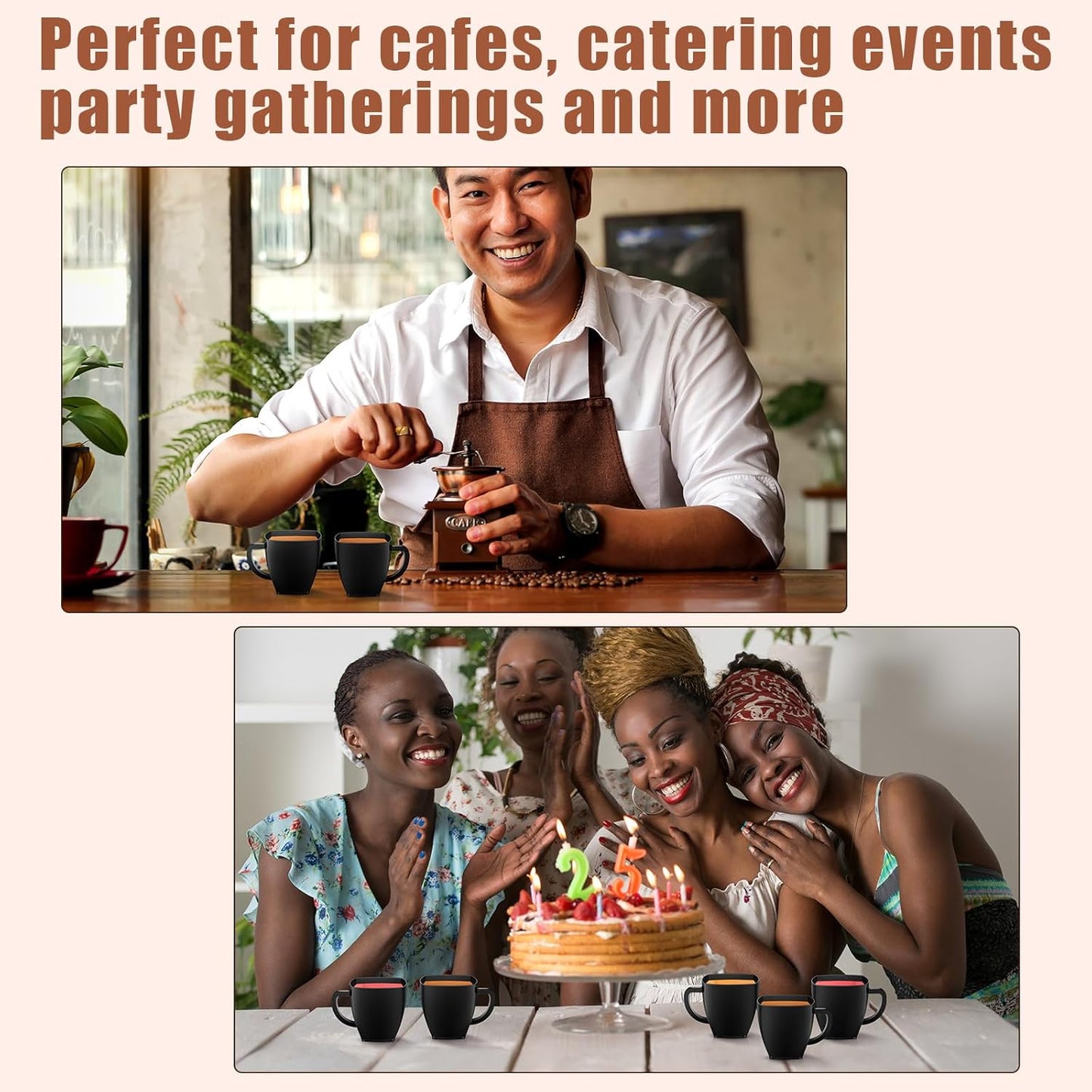 Amyhill 100 Pcs Disposable Tea Cups Mini Plastic Tea Cup Bulk with Handle Hard Plastic Coffee Mug Disposable Square Espresso Mug for Party Catering (Black)