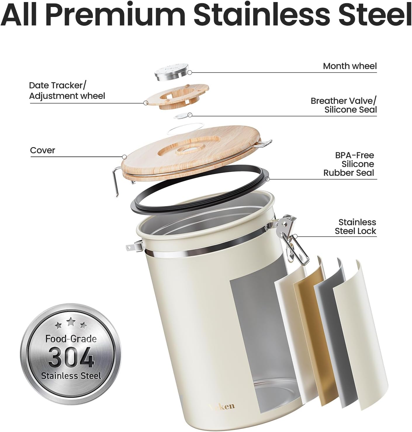 Veken Coffee Canister, 39OZ Large, Airtight Stainless Steel Food Storage Container for 2.2lbs Coffee Beans, Ground, Sugar, Tea, Flour, Rice, Cereal, Cookies Jars, Bar Accessories & Gifts, Cream