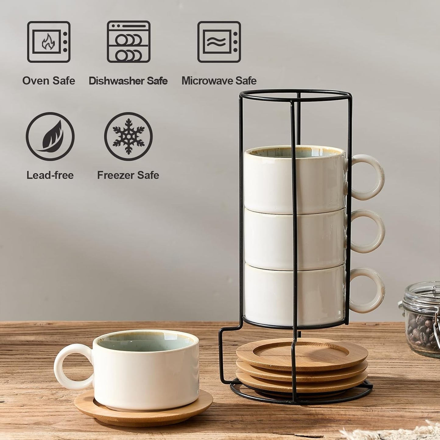 LUKA 6 Ounce Porcelain Stackable Espresso Cups with Saucers and Metal Stand Set of 4, Ceramic Cappuccino Cups Set for Specialty Coffee Drinks, Latte, Cafe Mocha and Tea, White Green Interior