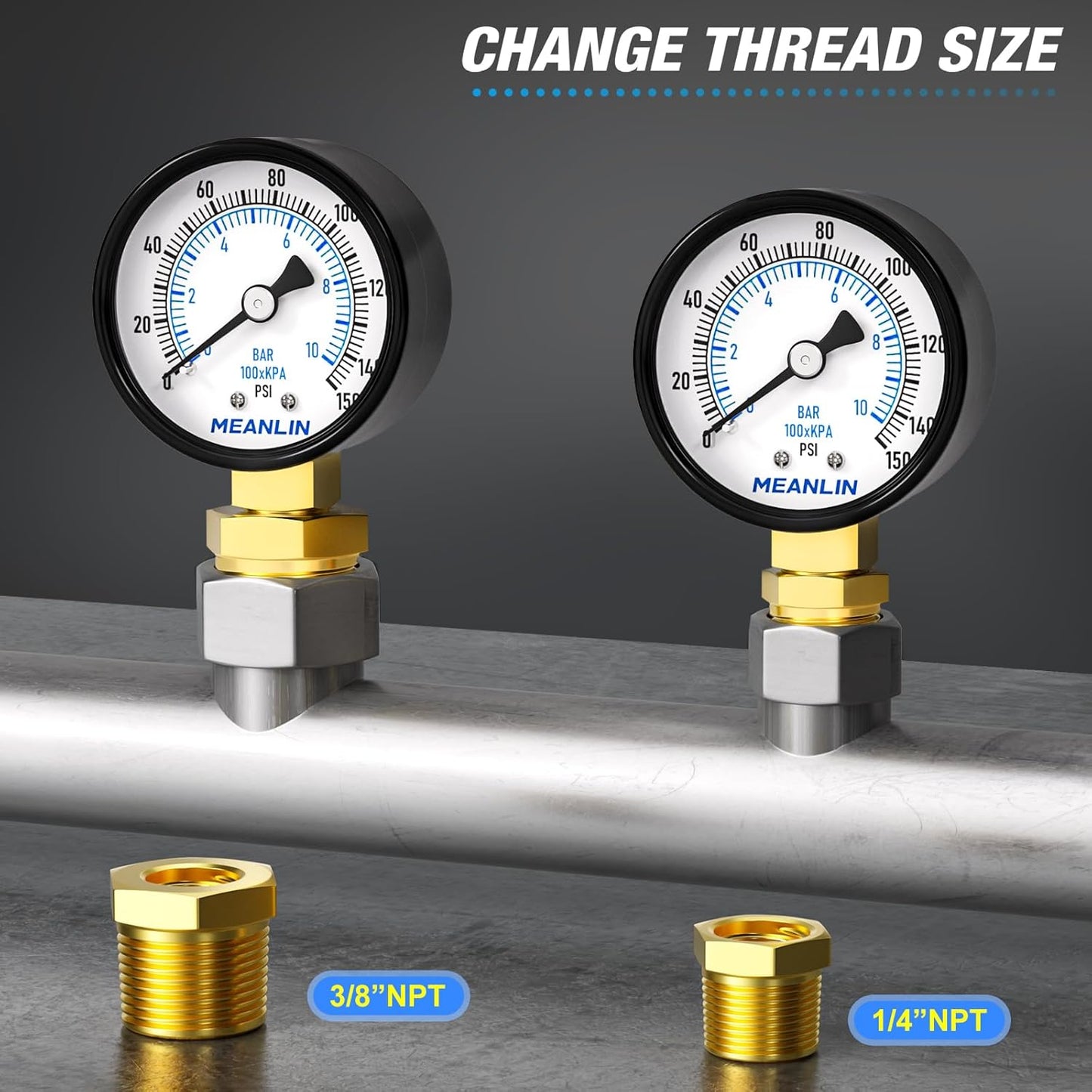 MEANLIN MEASURE 0-150Psi 2" DIAL FACE 1/8" NPT Well Pump Pressure Gauge, with 1/4" NPT and 3/8" NPT Hex Bushing, 3-2-3% Accuracy, Lower Mount