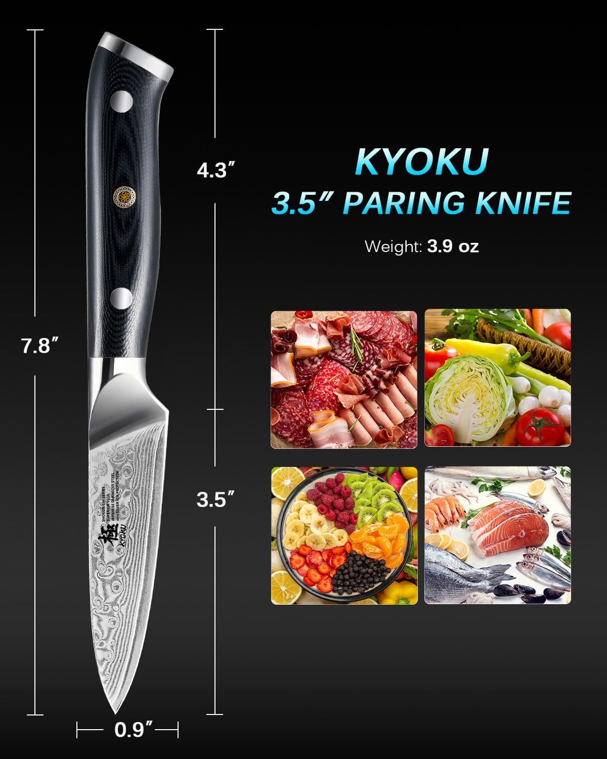 KYOKU Gin Series 3.5" Paring Knife - Japanese VG10 Damascus Stainless Steel Kitchen Knife With Silver Ion Blade, G10 Handle, Mosaic Pin - for Fruit, Vegetable, Peeling, Coring