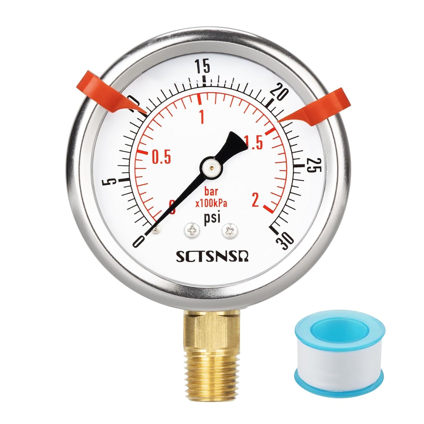 0 to 30 Psi Pressure Gauge, Glycerin Liquid Filled, 2.5 inch Dial, 1/4" NPT Lower Mount, Stainless Steel Case, for Water Tank, Pool Sand Filter, Coolant, CO2, Oil, Gas, Low Pressure Test