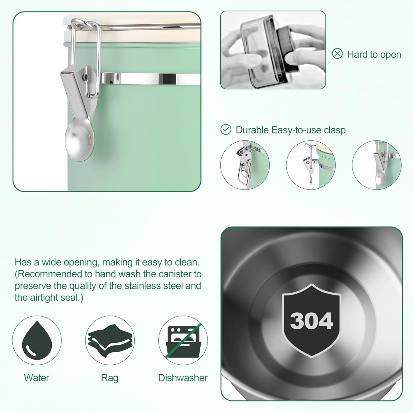 ShanSon Coffee Canister Airtight Coffee Container Stainless Steel Coffee Bean Storage Container with Scoop Coffee Canister for Beans Grounds Sugar Flour Tea Cereal,22OZ,Green