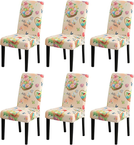 JQinHome Easter Chair Covers Set of 6,High Stretch Removable Washable Chair Seat Protector Cover for Easter Decoration-Easter Theme Decor with Easter Egg Basket