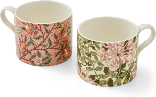 Spode Morris & Co Porcelain Mugs, Set of 2-12oz Microwave and Dishwasher Safe Tea & Coffee Cups for Kitchen Countertop or Home Brew Coffee Station, Great Gift for Mothers (Fruit & Honeysuckle)