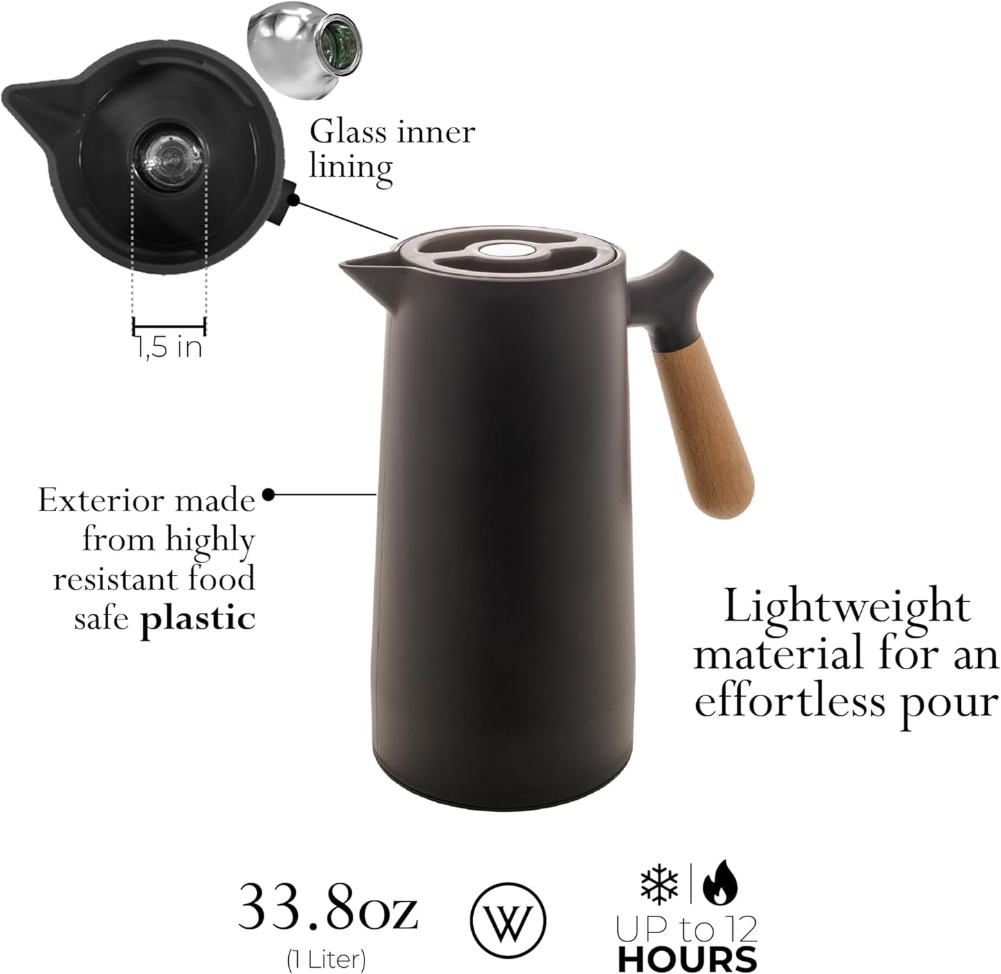 WOLFF - Thermal Coffee Carafe - 34oz / 1L Insulated Plastic Exterior Carafe for Hot or Cold Drinks - Leakproof Coffee and Tea Dispenser with Wood-like Handle and Glass Liner - Black, 34floz/1L