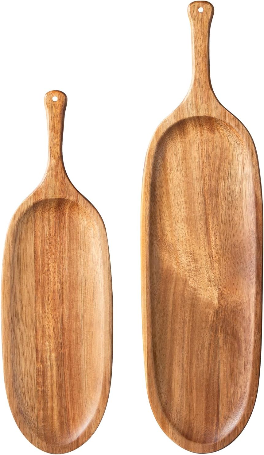 Wooden Serving Tray with Handle 2pcs Serving Plates for Meal Christmas Dinner Plates Wood Cheese Charcuterie Board for Food Meat Acacia Wood Platers for Bread Appetizer Snack(20.5" and 16.5")