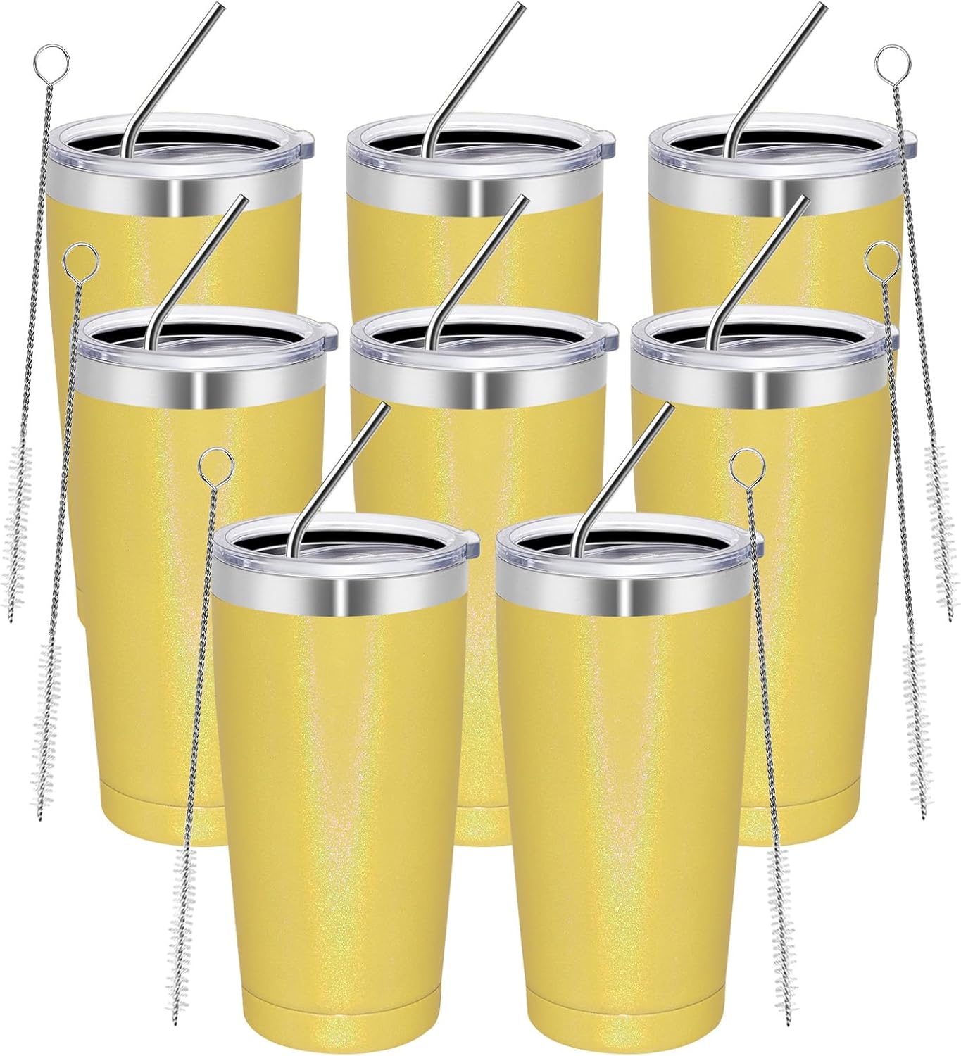 MEWAY 20oz Tumbler 8 Pack Double Wall Vacuum Insulated Travel Glitter Mug Bulk, Stainless Steel Tumblers with Lid and Straw,Powder Coated Coffee Cups for Woman(Rainbow Yellow,Set of 8)