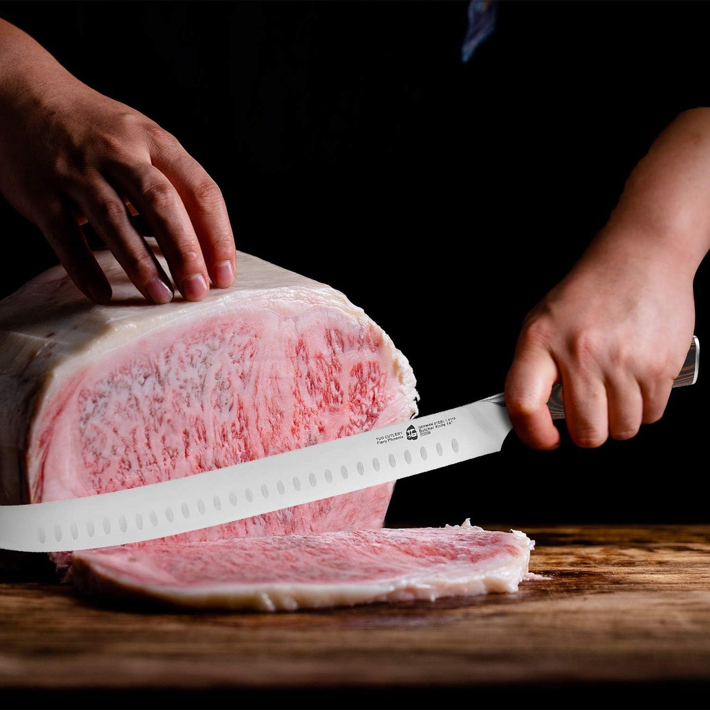 TUO Cimitar Butcher Knife - 14 Inch Butcher's Breaking Knife Long Meat Slicing Knives Pro Curved Slicer Carver - Forged German Steel with Full-Tang Pakkawood Handle - Fiery Series Gift Box Included