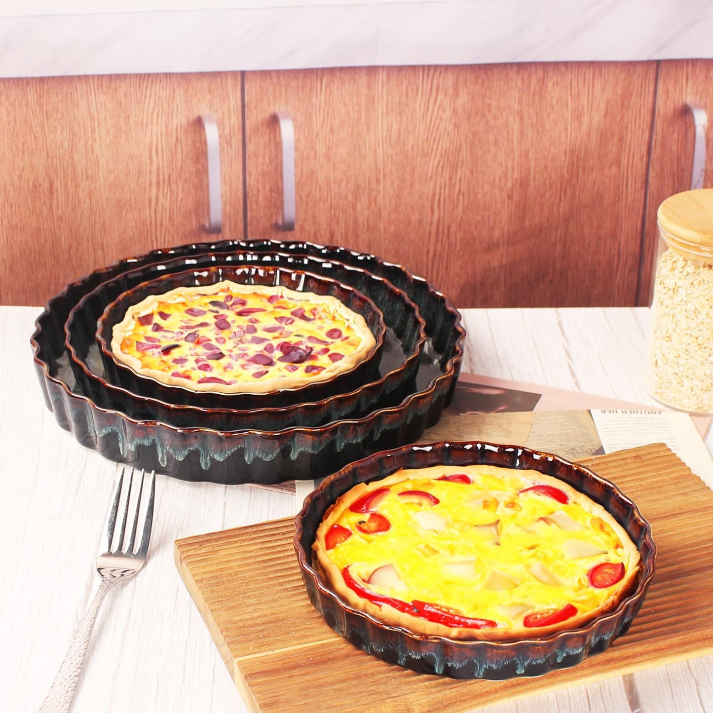 7 Inch Ceramic Pie Pan Quiche Dish 13.5 Ounces Baking Pan, Set of 2 Au Gratin Baking Dishes, Non-Stick Tart Pan, Pie Plate for Apple, Oven Safe, Round Ruffled Edge 7.7 Inch