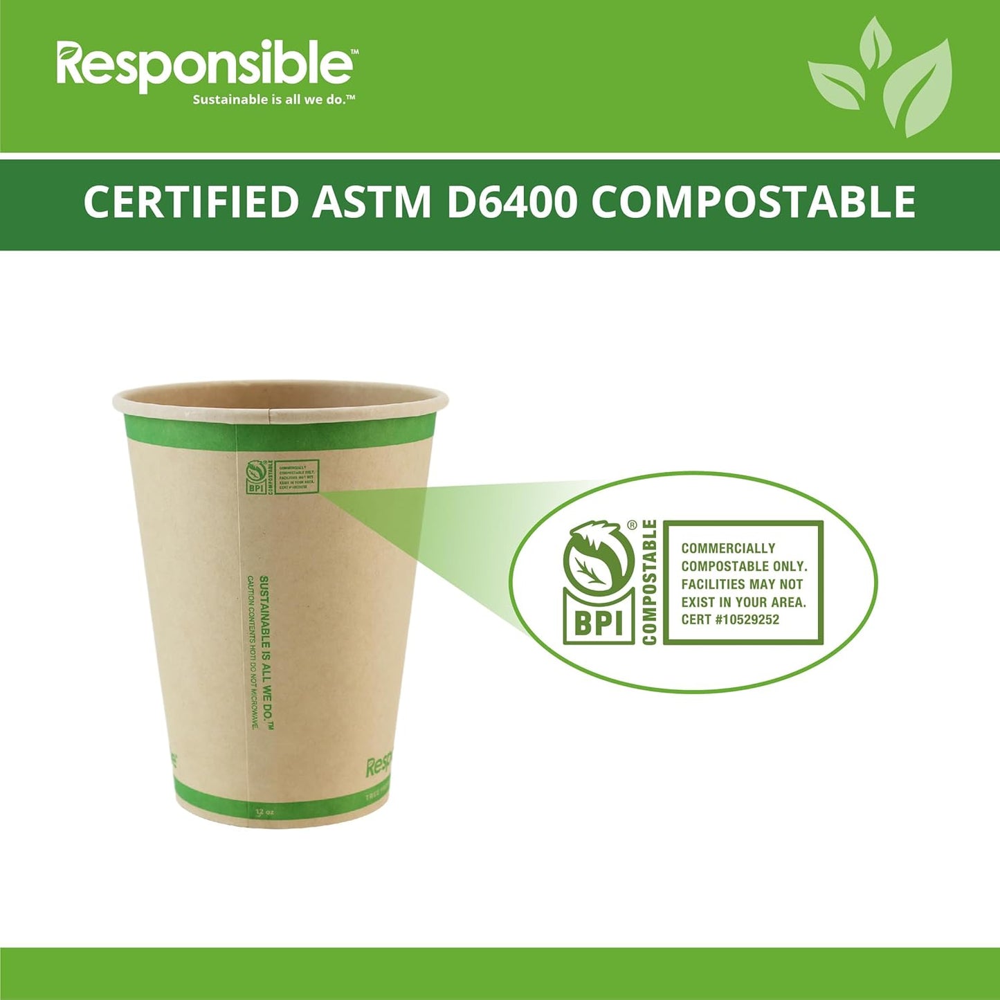 12 oz Paper Hot Cups, Tree-Less™ Compostable Paper Coffee Cups, Extra Strength, Tree-Free and Made Without PFAS, Natural Brown (1000 Count)