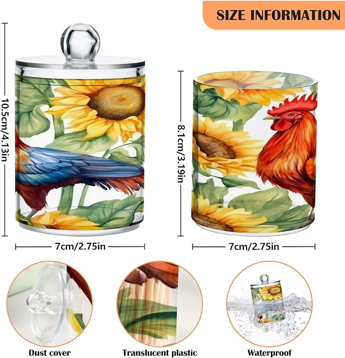 Sunflower Rooster 2PC Airtight Transparent Plastic Storage Jar, Food Storage Container Glass, Can Store Candy, Salt, Coffee Beans, With lid, Easy To Use