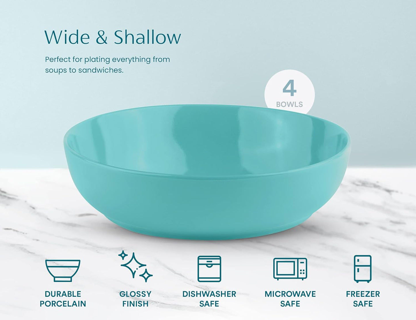 KooK Pasta Bowl, Salad Bowls, Soup, Serving Bowls, Ceramic, Large Capacity, Microwave & Dishwasher Safe, Set of 4, 40 Oz,(Light Turquoise)