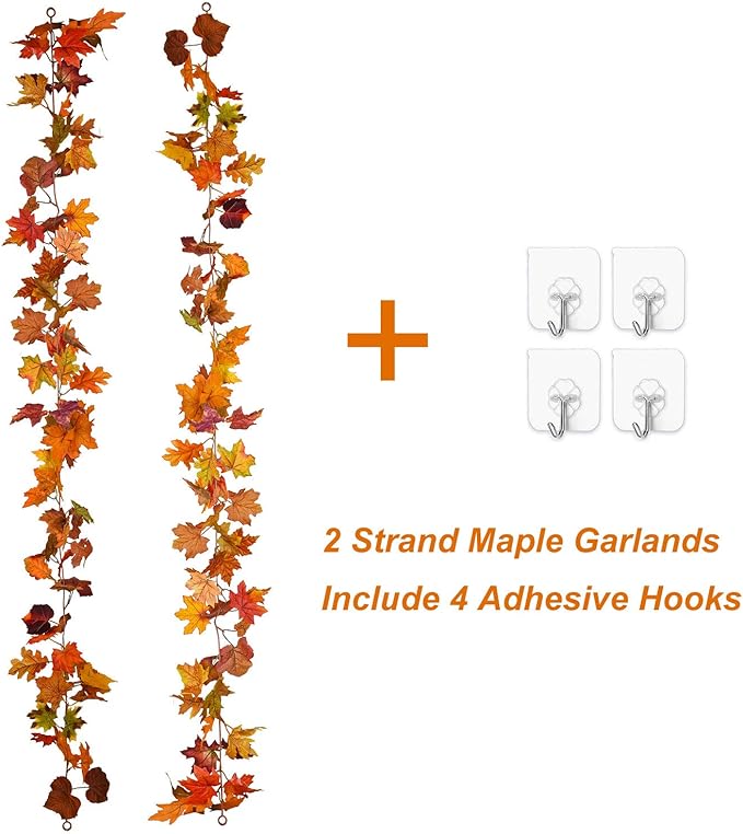Lvydec 2 Pack Fall Maple Garland - 5.9ft/Piece Artificial Fall Foliage Garland Colorful Autumn Decor for Home Wedding Party (Mixed Color)