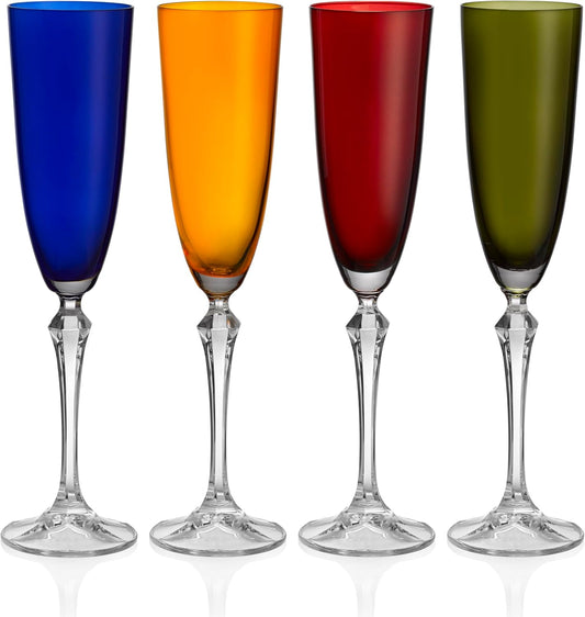 Barski Champagne Flute Glasses - Set of 4 - Assorted Colored Cup with Clear Stem - Each Glass is 7 oz., for Prosecco, Sparkling Wine, Mimosas, Cocktails, Weddings Anniversaries - Made in Europe