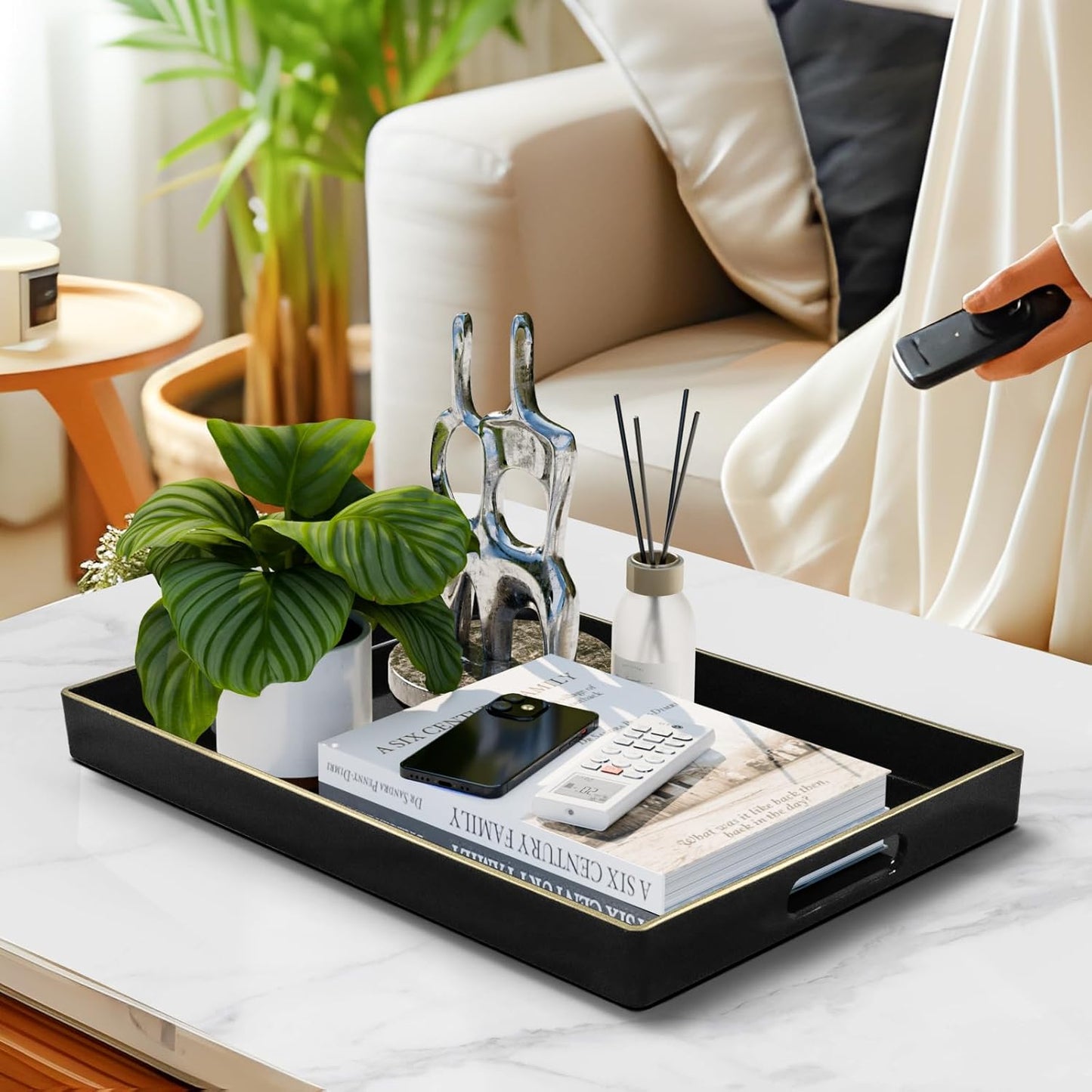 MAONAME Black Decorative Tray for Coffee Table, Modern Serving Tray with Handles, Plastic Rectangular Tea Tray for Ottoman, Bathroom Decor, 15.8” X 10.2” x1.4